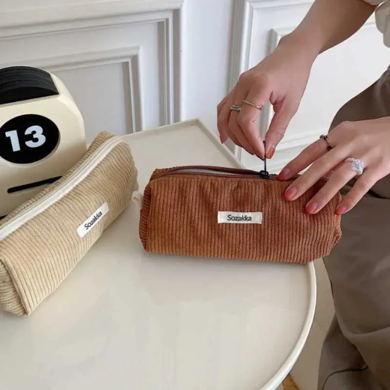 Korean Corduroy Travel Cosmetic Bag, Small Makeup Pouch with Cute