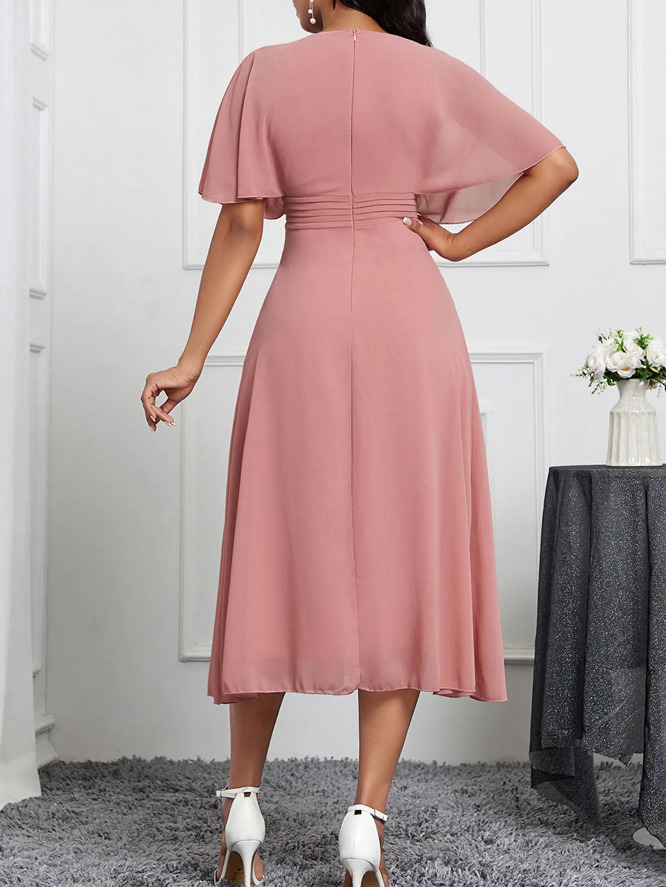 green emerald velvet dress Dusty Pink Chiffon V-neck Long Bridesmaid Dress - Elegant and Timeless