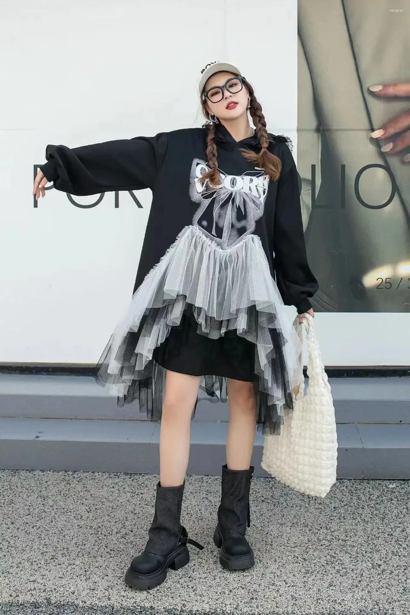 DHgate Plus Size Mesh Spliced T Shirt Dress Casual Streetwear Patchwork Asymmetrical Hooded Sweatshirts Apparel