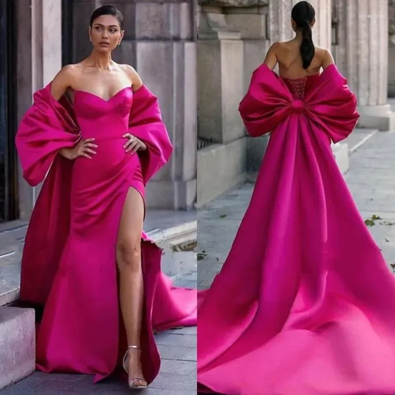Satin Bow A Line Fuchsia Sweetheart Prom Dress With Slit Satin Bow A Line Fuchsia Sweetheart Prom Dress With Slit