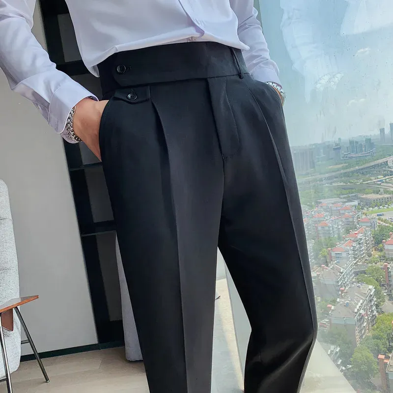 Mens Khaki/Black High-Waisted Slim-Fit Dress Work Pants with
