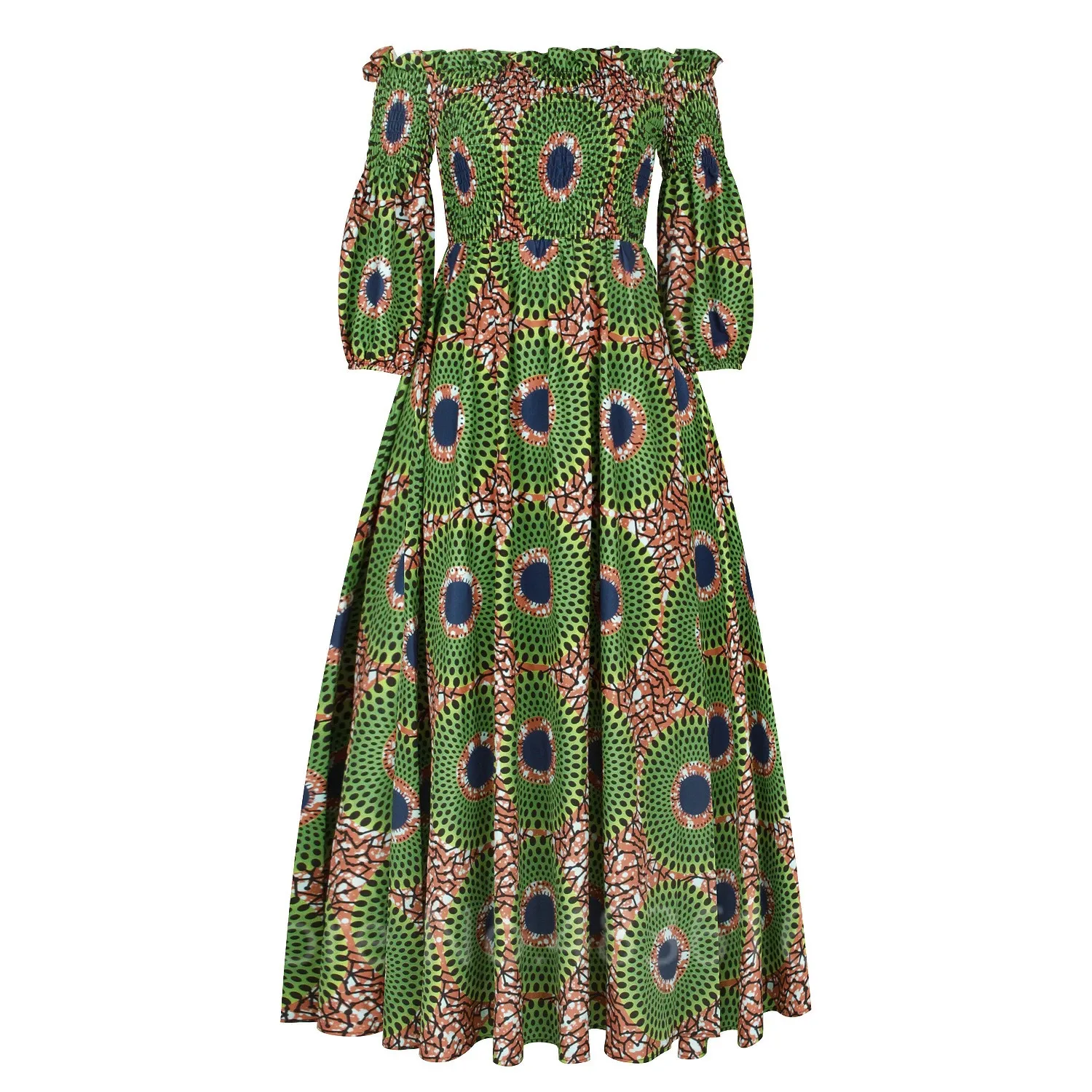 African Print Maxi Dress: Sexy Slashneck Vintage Long Sleeve