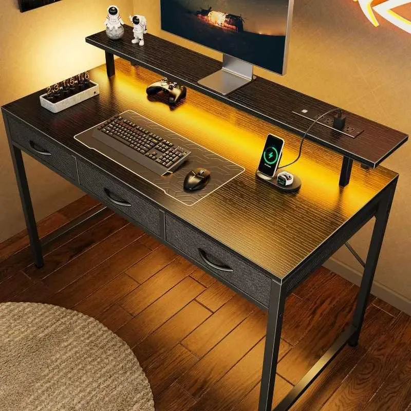 47 LED Computer Desk w/ 3 Drawers, Power Outlets, Gaming Office Desk w ...
