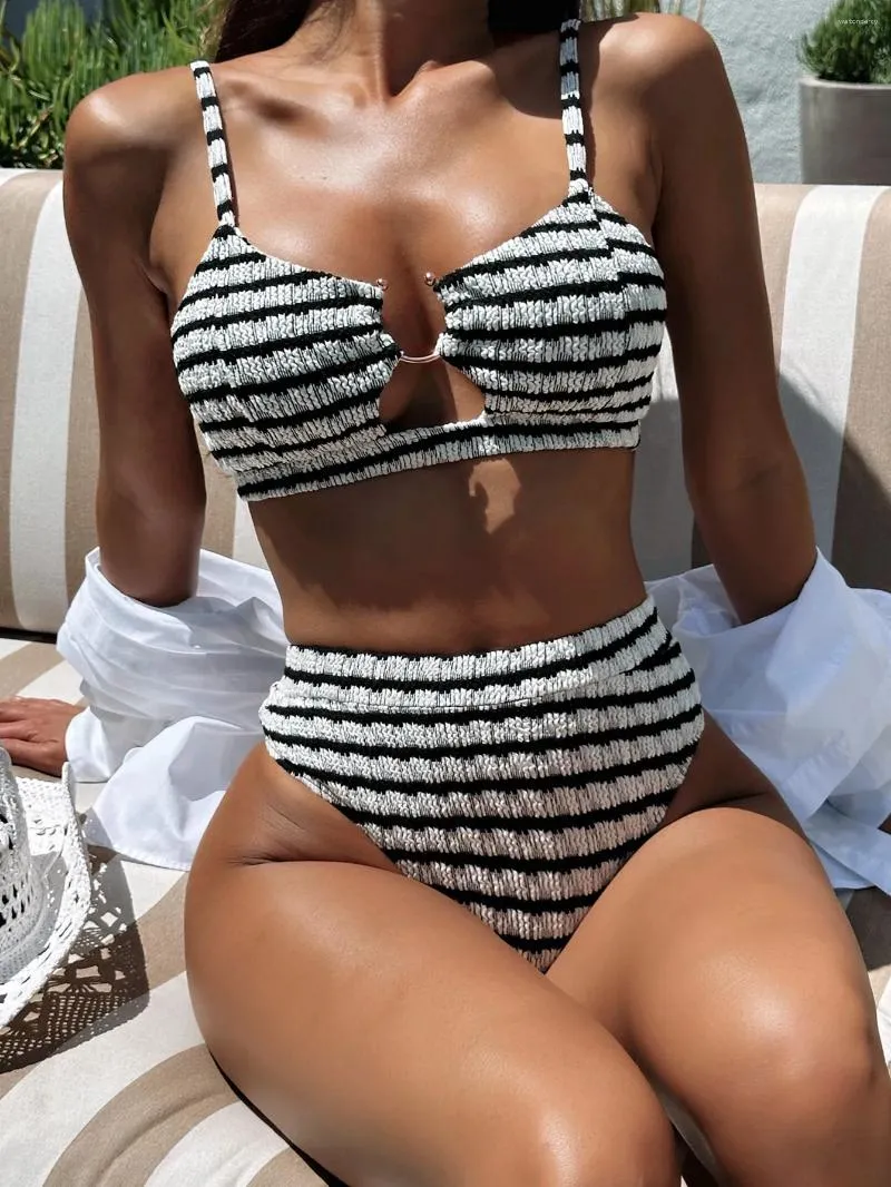 Save Big on Bulk White Push Up Bikini Set Sexy Womens Swimsuits: Striped  Two Piece Bikini Set High Waist, Push Up, Metal Cut Out, Contrast Black And 