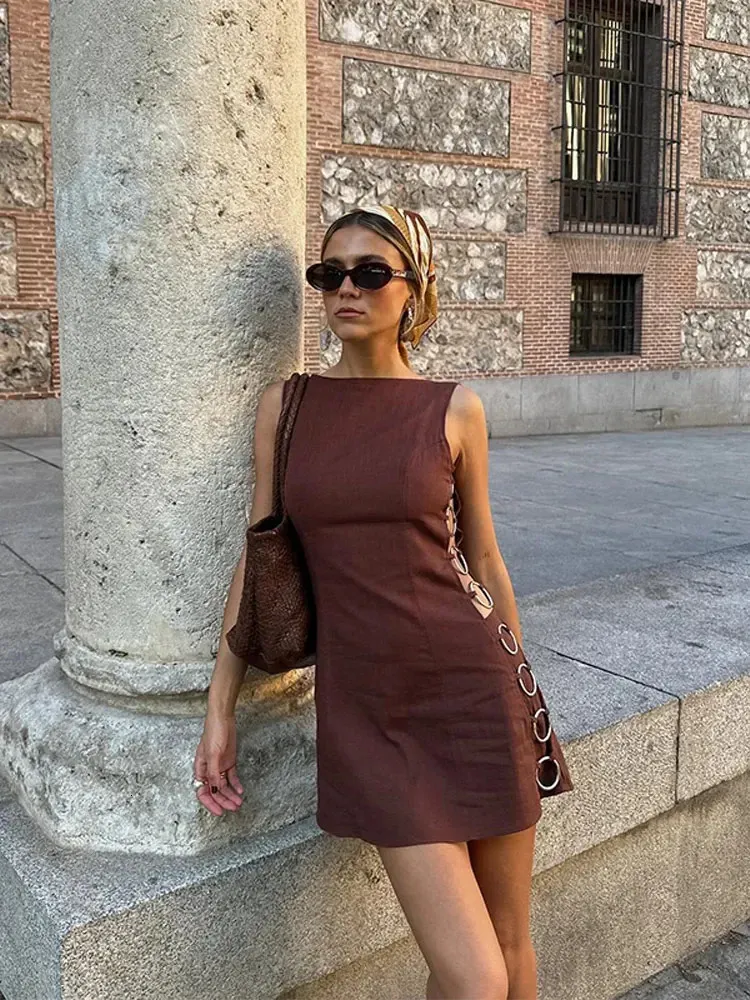 slim fit dress slacks V-Neck Solid Color Short Sleeved Lace Up Women's Dress High Street Fashion Elegant Commuting Style Summer Dresses Rose / M
