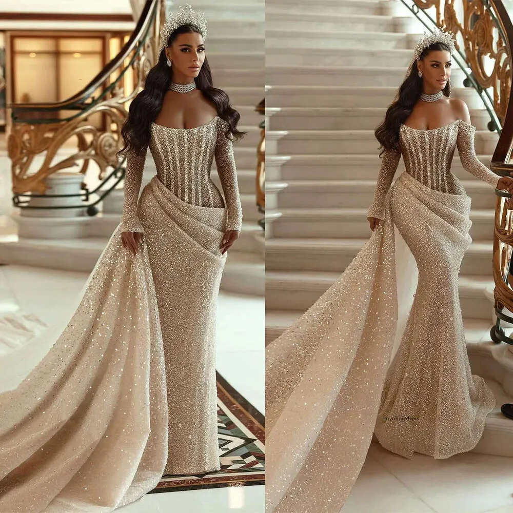 Custom-Made Plus Size Bling Mermaid Wedding Gowns with Bateau Neckline, Long Sleeves, Pleats, or Detachable Train - Glamorous Bridal Gown (Style 0703