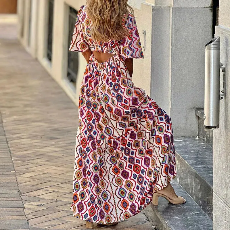 Boho Geometric Print Maxi Dress for Women - V Neck, High Waist, Hollow Long, Short Sleeve Boho Geometric Print Maxi Dress for Women - V Neck, High Waist, Hollow Long, Short Sleeve