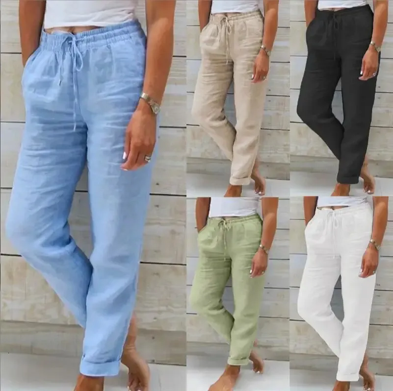 Women's Linen Pants For Summer - High Waisted Loose Fit Beach Pants With Pockets & Drawstring