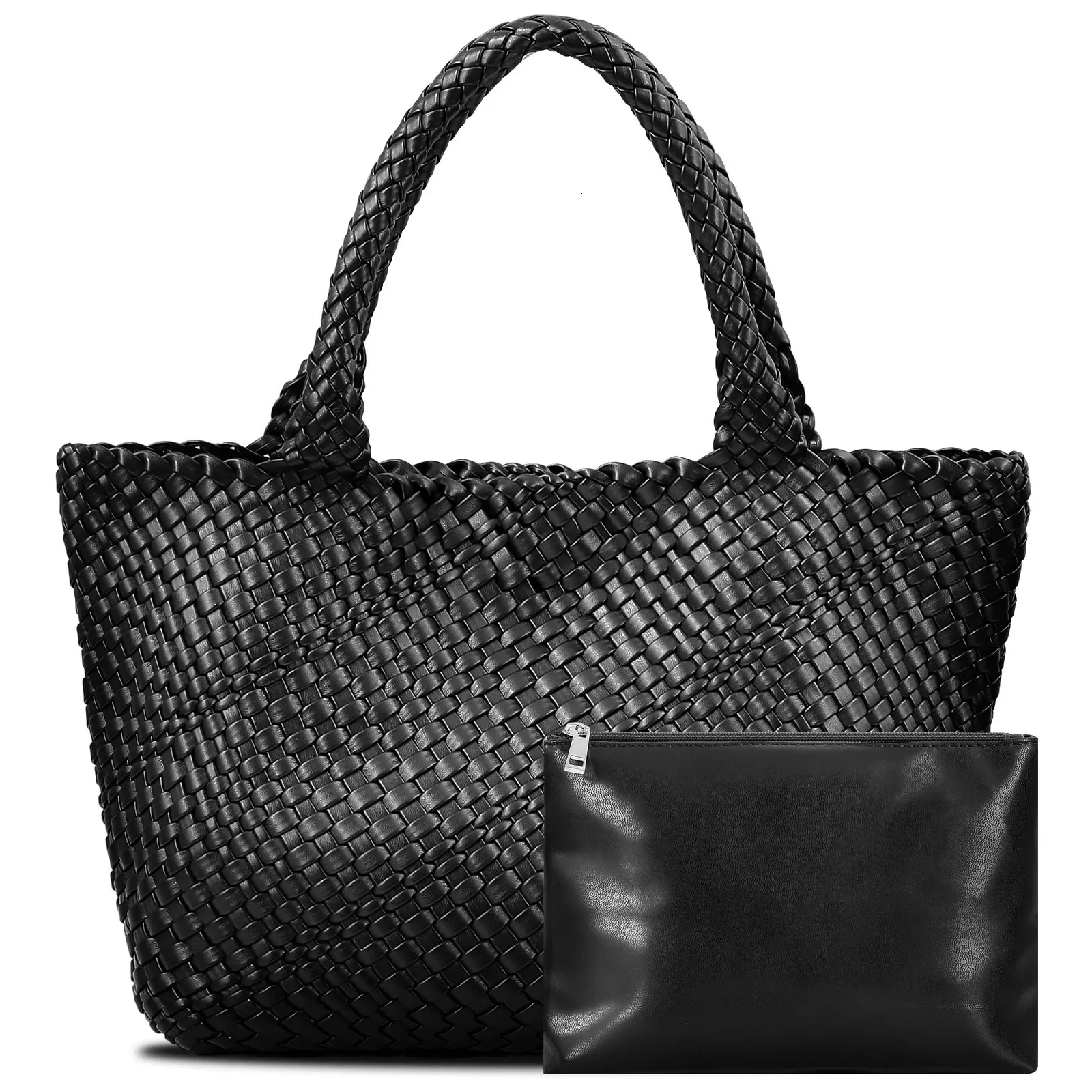 Women's Woven Tote Bag - Vegan Leather Hand-Woven Shoulder Bag With Top Handle & Underarm Carry