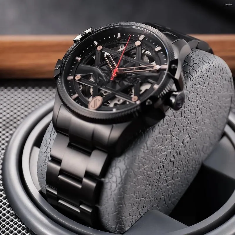 OBLVLO Allied: Men's Star Design Sapphire Automatic Mechanical Wristwatch  in PVD Black