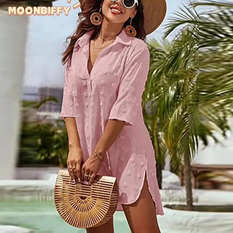 Summer Casual Loose Dress for Women, Long Sleeve Turn Down Collar Beach  Cover Up Pullover