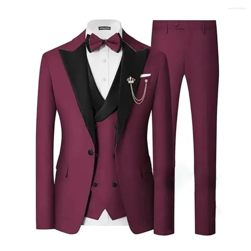 Boy's 3 Piece Suit Set Slim Fit Two Button Suit Blazers Jacket Vest Pants Wedding Suit Prom Tuxedo Suits Wine 13 14 Years