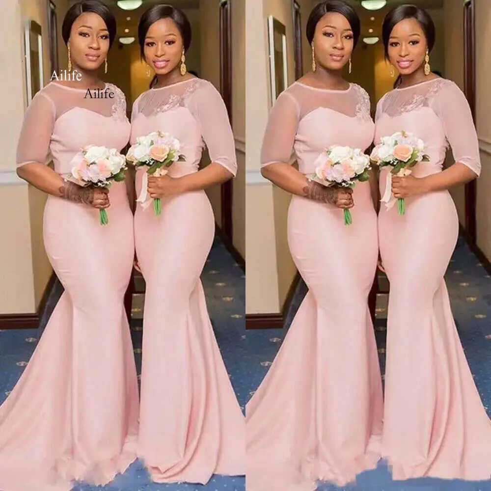 Blush Pink Mermaid Bridesmaid Dresses: Sheer Lace Neck Plus Size African  Wedding Guest Gowns