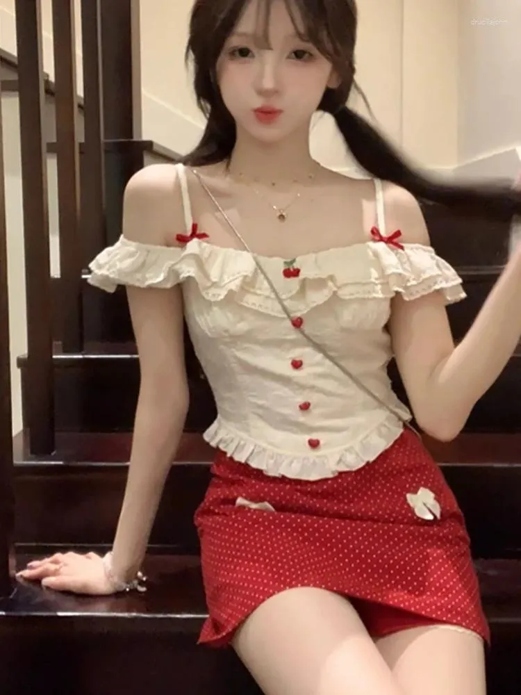 Korean 2000s Coquette Y2K Summer 2-Piece Lace Camisole and Bow