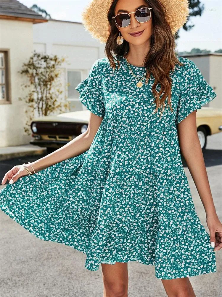 Boho Summer Dress Womens Petite Casual Dresses Floral Print Mini