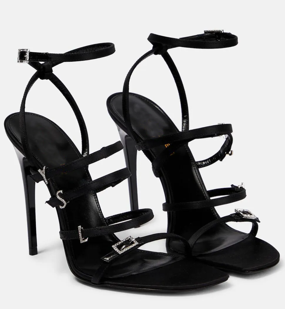 Crystal Flat High Heel Sandals Black