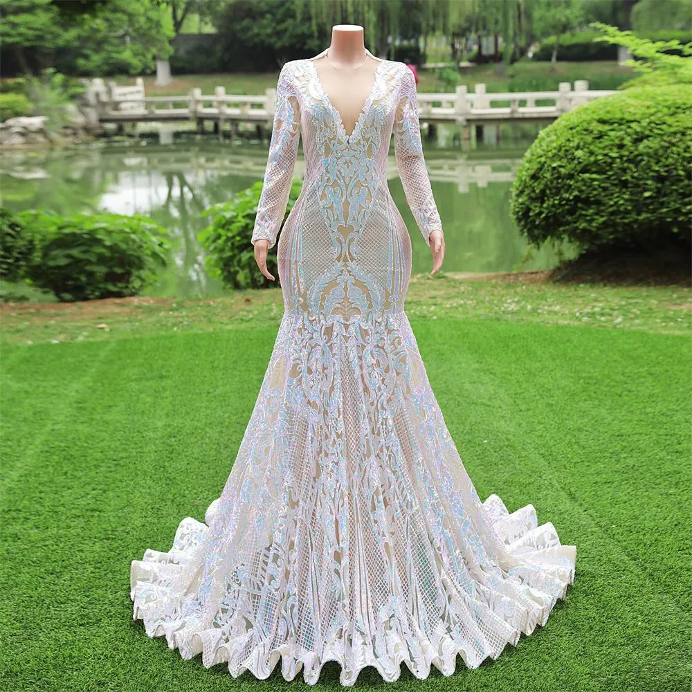 Mermaid Fishtail Evening Dress with High Waist and Sleeves - En2011
