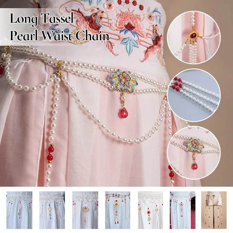 Pearl Waist Chain Copper Long Tassel Flower Body Chain Wedding Bridal Belt Pearl Waist Chain, Pearl Belly Chain, Pearl Body Jewelry  main image 4