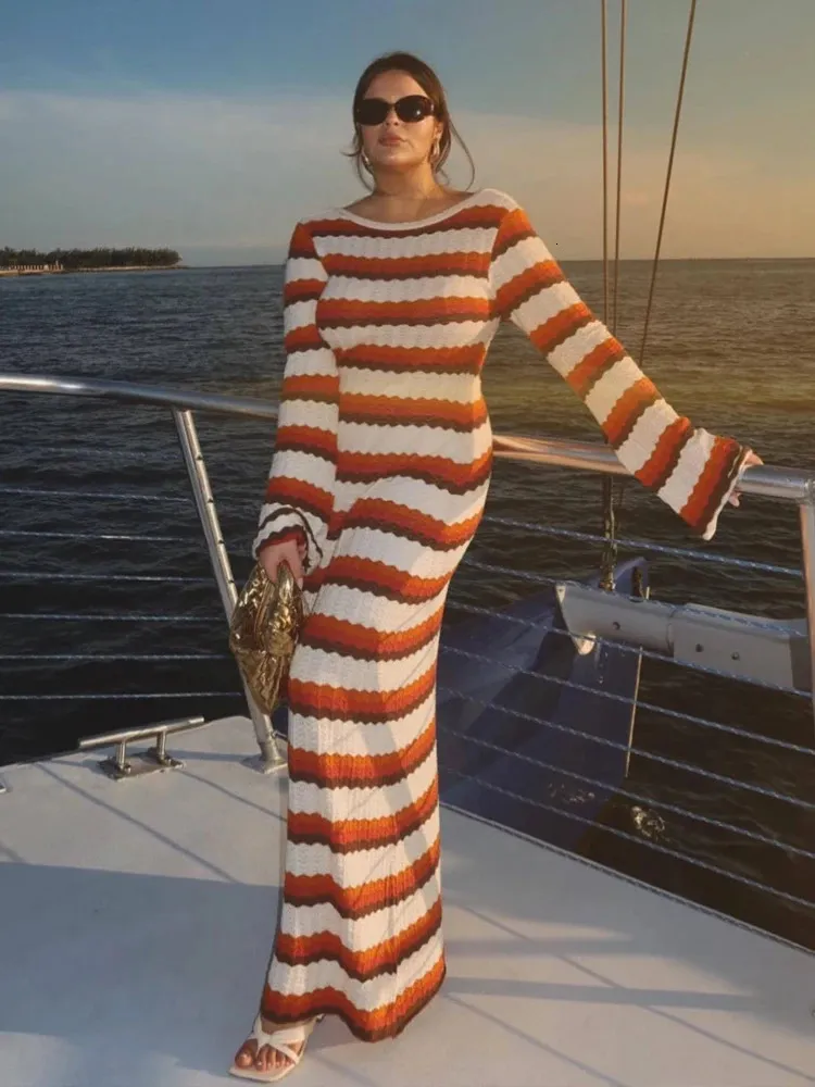Elegant Striped Knitted Maxi boho Maxi dress for Women - Perfect for Summer Beach Holidays and Parties (240703)