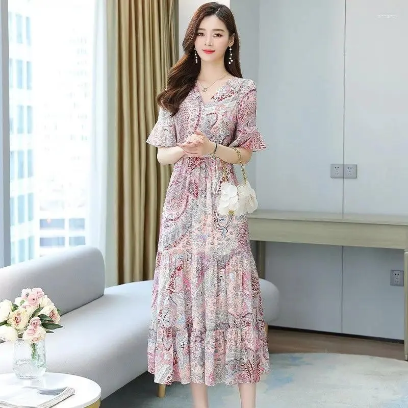 Korean Knee Length Dresses Casual Korean Women Lace Slim High Waist A-line  Summer Casual Sundress