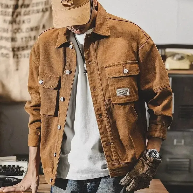 DHgate Mens Cotton Casual Work Jacket Khaki Spring Fall Vintage Style Apparel