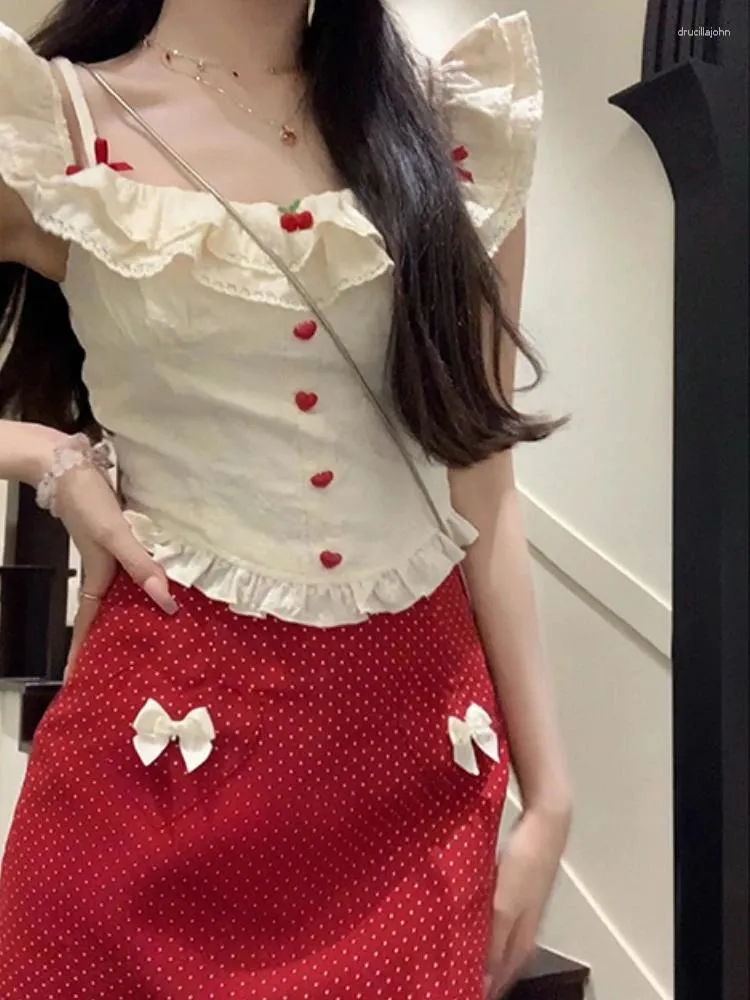 Korean 2000s Coquette Y2K Summer 2-Piece Lace Camisole and Bow