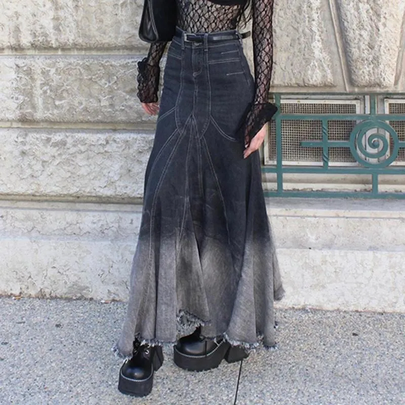 Vintage Gradient Denim Bodycon Fishtail Grunge Skirt For Women Sexy Ruffled Maxi Jeans For Summer Y2K Streetwear From Kongquezuo 25.06 DHgate.Com