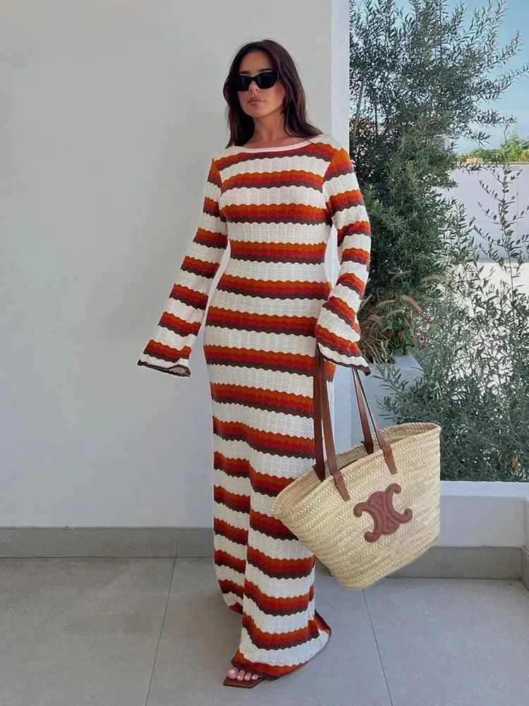 2024Summer Striped Hollow Out Maxi Beach Dress, Sexy V Neck Long Sleeve  Knitted Holiday Party Dresses from Dhgate Basic & Casual Dresses - price  34.13