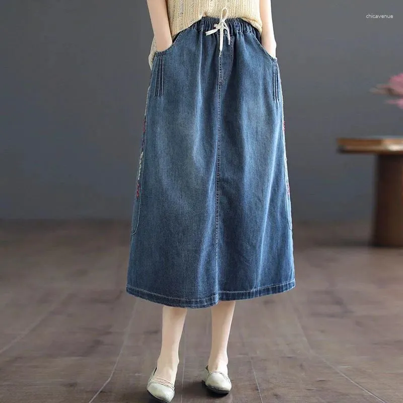 Embroidered Cotton Denim Skirt: Summer Casual Loose A-line Comfy