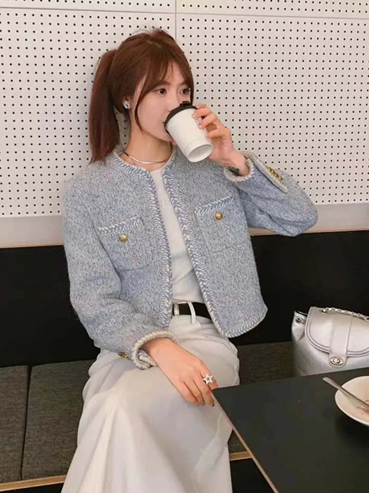 Zoki French Sweet Women Tweed Jacket Elegant Buttons Faux Wool