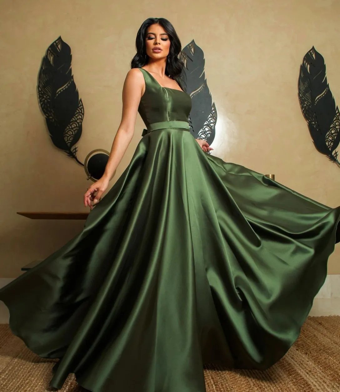 Long Green Satin Square Neck A-Line Prom Dress with Sash and Pockets Floor  Length