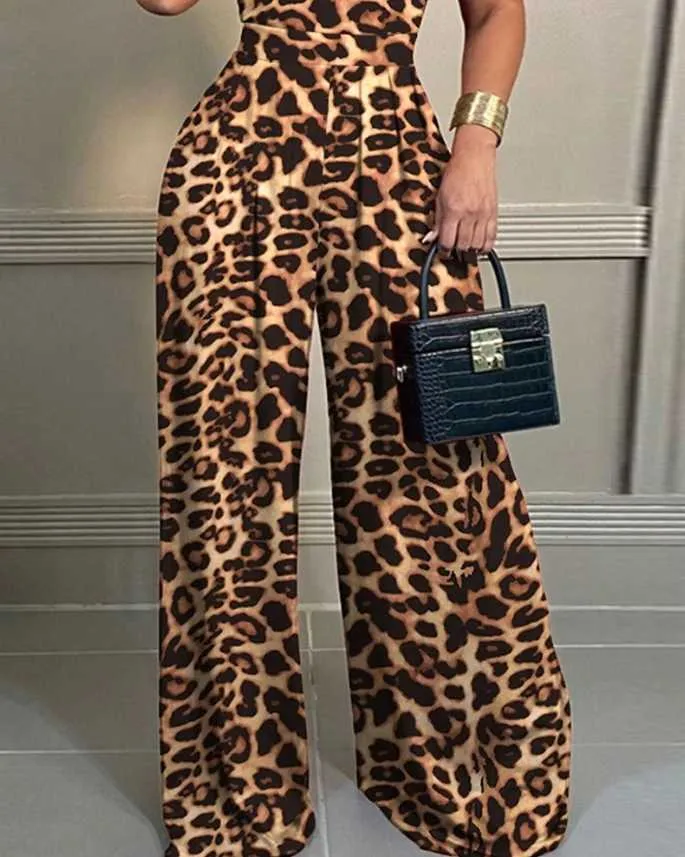 Leopard Print Jumpsuit For Women Sexy Ruffled Spaghetti
