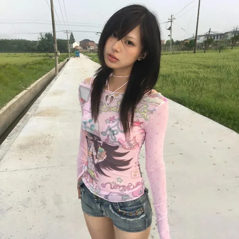 2000s Anime Pattern See Through Long Sleeved T Shirt From