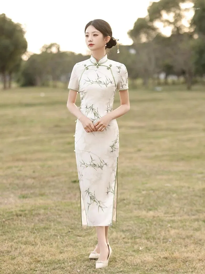 Womens Chinese Traditional Mandarin Collar Qipao Dress Floral Print Satin  Short Sleeve Cheongsam for Summer