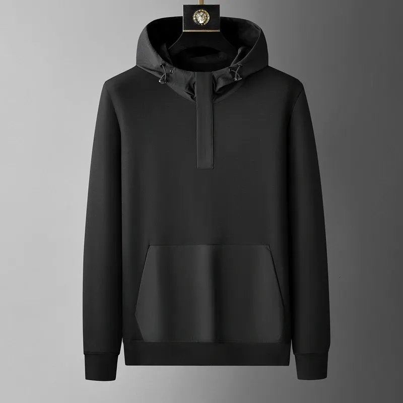 【SATIIIZ】Benso Patch Leather Hood Jumper High End Mens Patchwork Funnel Neck Hoodie Lightweight