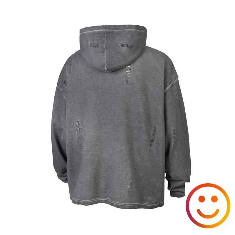 THUG CLUB Gray Loose Distressed Wash Cut Hole Leather Patch Hoodie