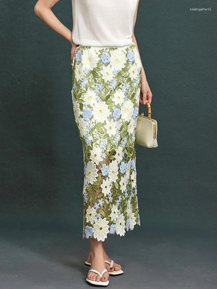 Floral-Embroidered Lace Skirt, Green High-Waisted Hollow Out Maxi Skirt for  Women