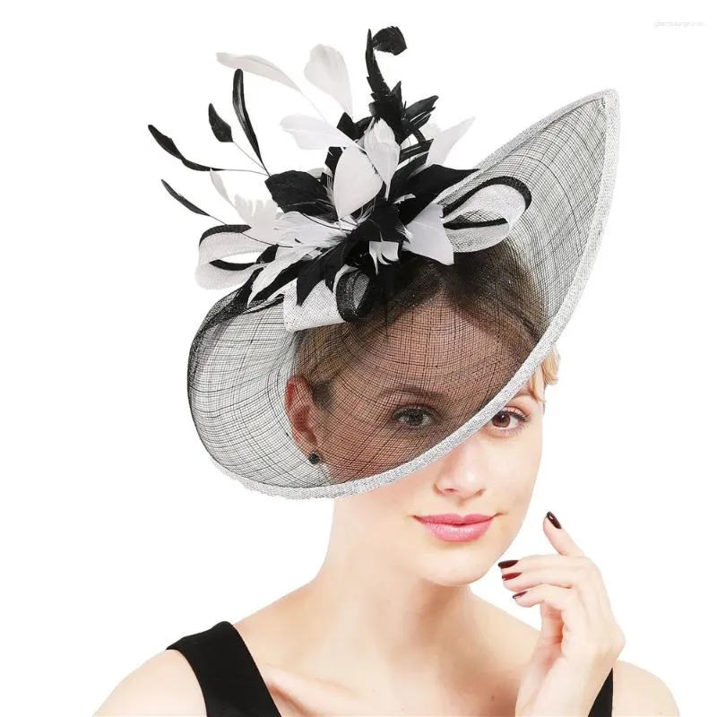9966 Sinamay Fascinator Hat With Top Flower, Women Feather Headwear Cream Sinamay Rose Flower Feather Hat Fascinator Races  main image 3