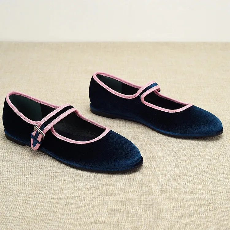 Chaussures plates à bout rond de style espagnol pour femmes Veet Mary Jane Fashion pour femmes Vert Bleu Marron 240705_voghion.com