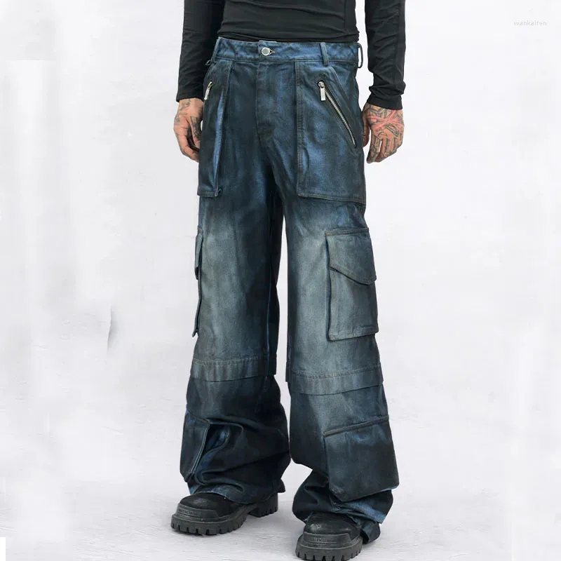 Heavy-Duty Denim Cargo Jeans for Men: Multi-Pocketed, Relaxed Straight Fit