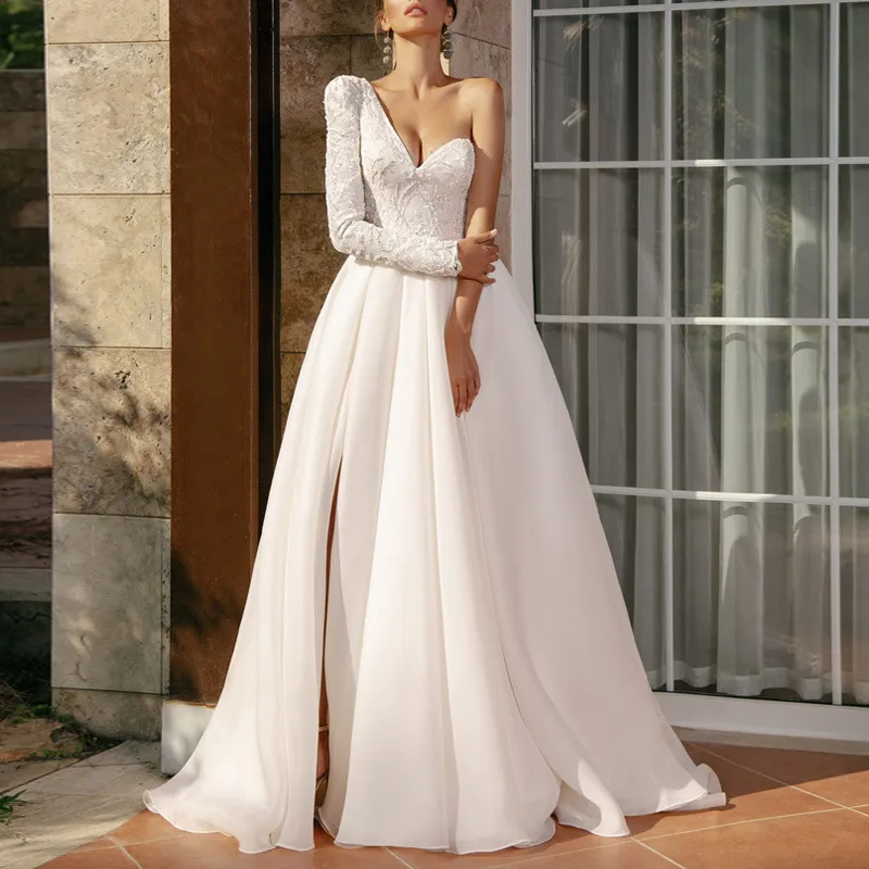 White One Shoulder Long Sleeve Organza Wedding Dress with Sweep Train and  Zipper Back for Garden Events from Dhgate A-Line Wedding Dresses - price  47.04
