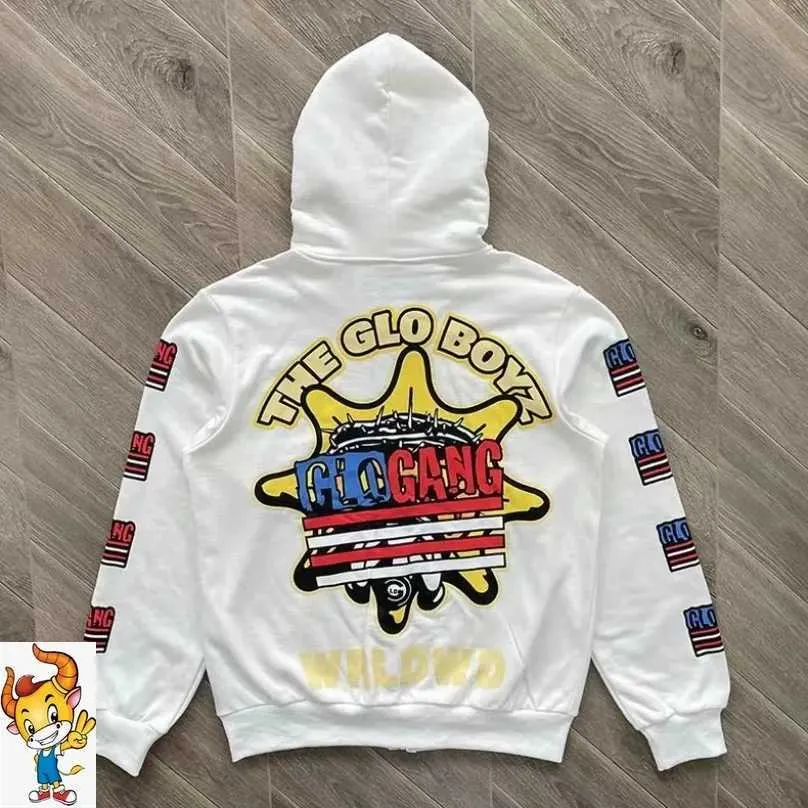 High Quality White Glo Gang Boyz Hoodie With Zipper For Men