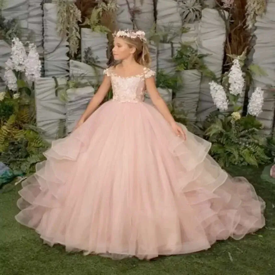 Elegant Pink Off-Shoulder Lace Applique Ball Gown for Girls