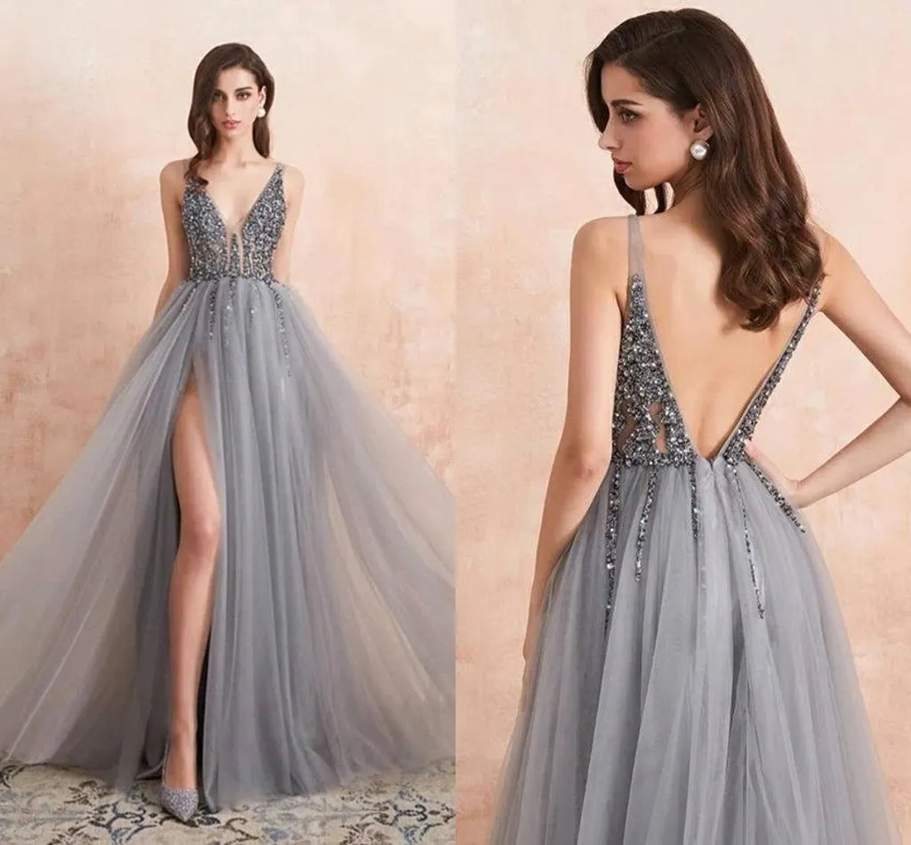 Tulle V-neck Gray Beading Backless A-line Prom Dress With Beadings Tulle V-neck Gray Beading Backless A-line Prom Dress With Beadings