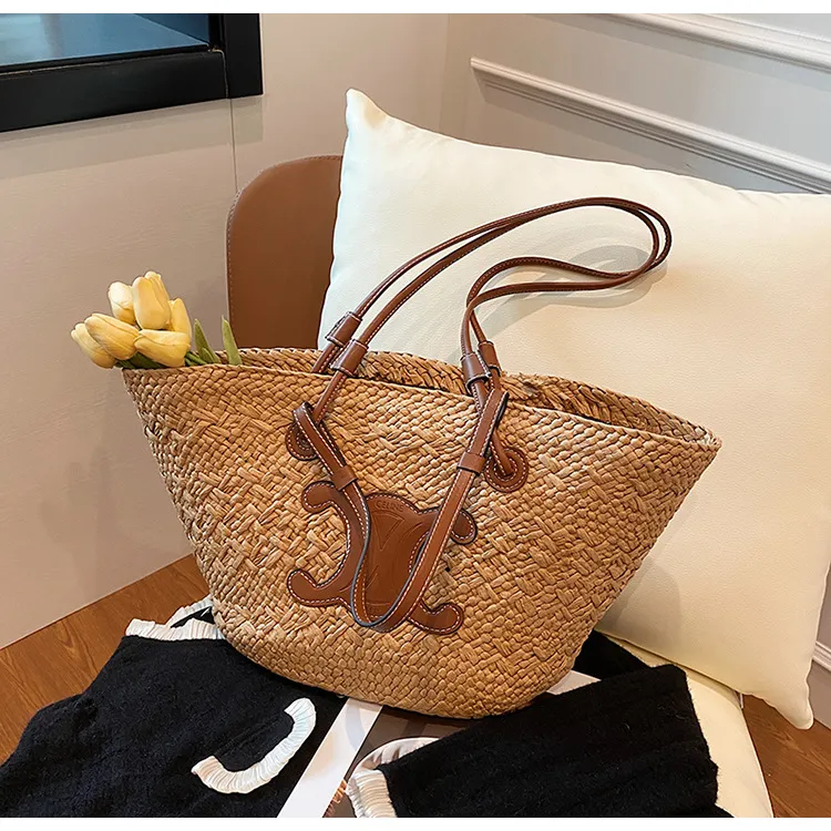 Corn Rattan Tote Bag, Straw Braided Bag, Womens Summer Beach