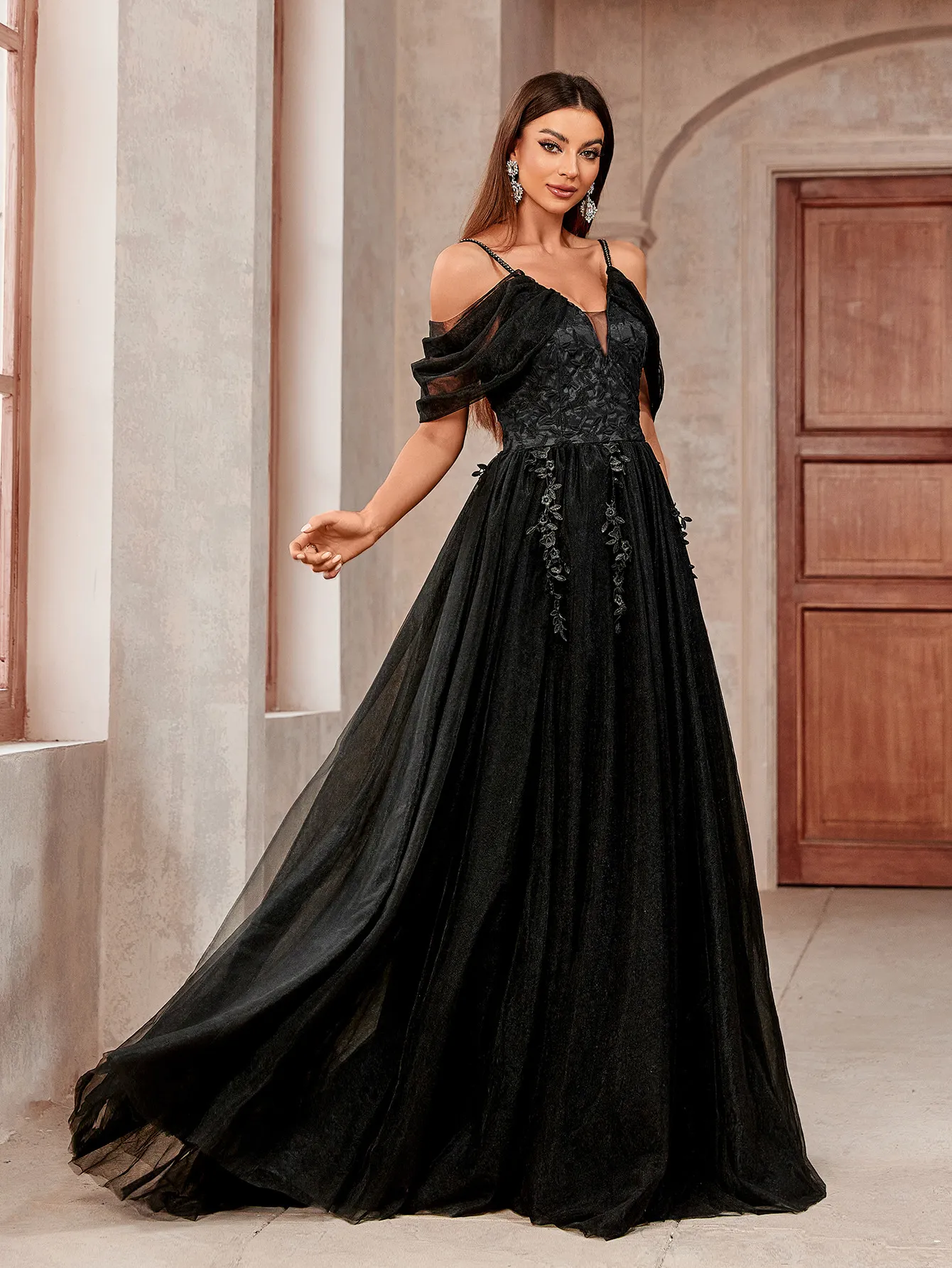 strapless open back dress BABARONI Tulle Daffodil Prom Dresses A-line Sweetheart Spaghetti Straps  Floral Ruched main image 0