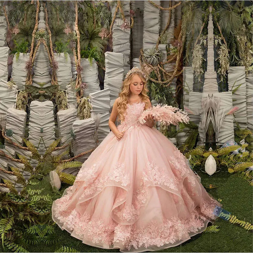 open lace back dress Floral Strapless Dusty Blue Ruffles Puffy Princess Flower Girl Dresses, Dusty Blue / 2 main image 0