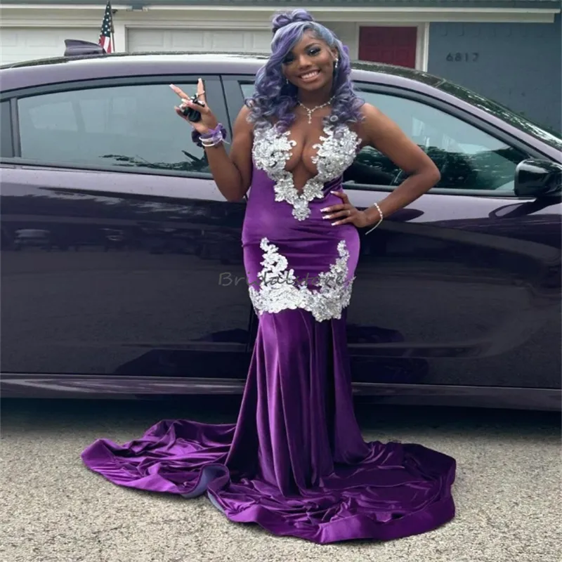 Purple Velvet Mermaid Prom Dress with Lace Appliques for Black