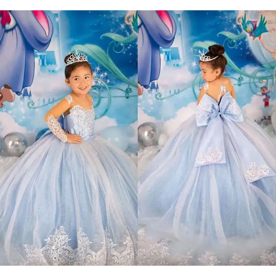 Girl Princess Blue Flower Dress with Big Bow Sash A-Line Jewel Neck Sheer  Long Illusion Sleeves Applique Sequins Floor-Length Pageant Gown