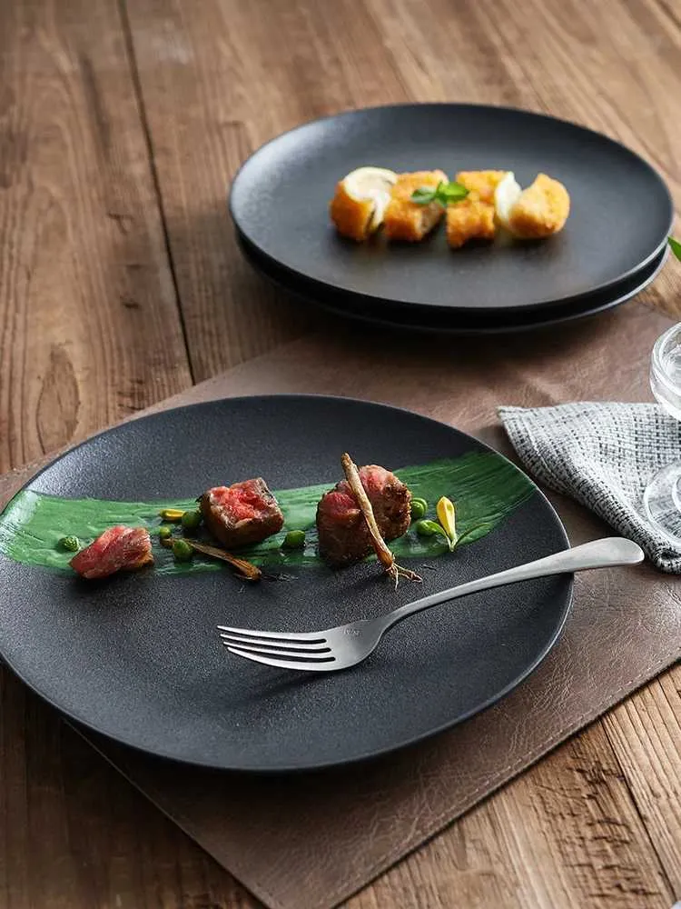 Japanese Black Frosted Porcelain Dinner Plate Set 8